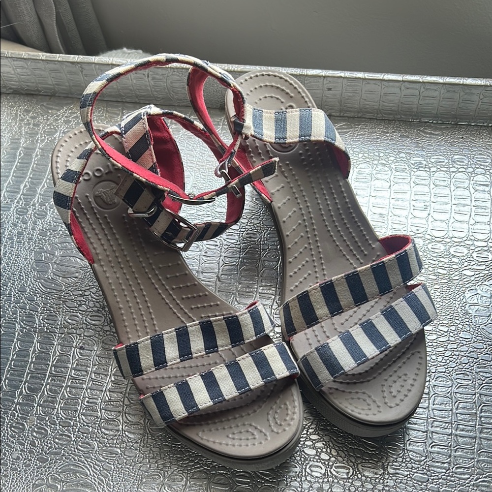 CROCS Blue and White Sandals with Nautical Stripes